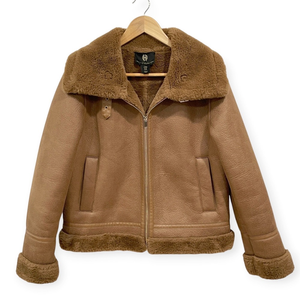 House Harlow 1960 Brown Faux Shearling Crop Aviator Jacket Womens M Moto Retro